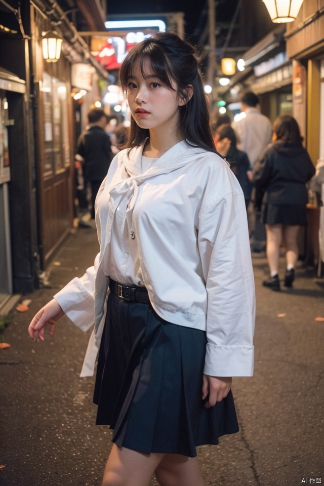 masterpiece, best quality, ultra high res; a slender, busty, and seductive woman in a crisp sailor uniform, emphasizing curves and intricate details; set within a vintage Japanese street scene at twilight, with cherry blossoms and lanterns illuminating her presence; the atmosphere evokes a blend of sultry sophistication and nostalgic whimsy, captured through a dramatic low-angle shot with a shallow depth of field that accentuates her gaze and form, harmoniously framing her against the traditional backdrop.