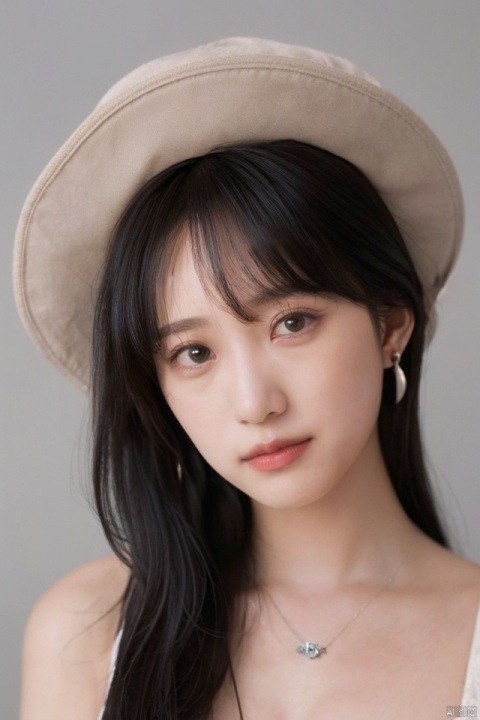 
best quality,masterpiece,ultra high res,looking at viewer,simple background,portrait (object), 
1girl, solo, long hair, looking at viewer, black hair, hat, brown eyes, jewelry, upper body, earrings, grey background, necklace, lips, head tilt, realistic