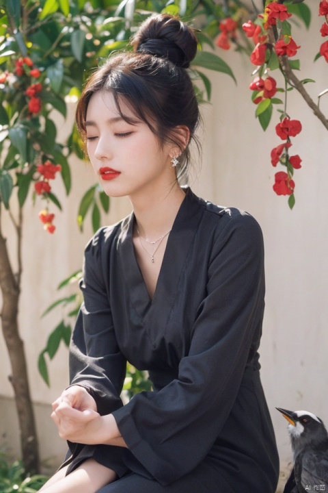 masterpiece, best quality, 1girl, solo, black hair, hair ornament, long sleeves, dress, jewelry, sitting, closed mouth, closed eyes, earrings, wide sleeves, necklace, hair bun, makeup, bird, facial mark, chinese clothes, single hair bun, branch, red lips, crow, updo, bird on hand,