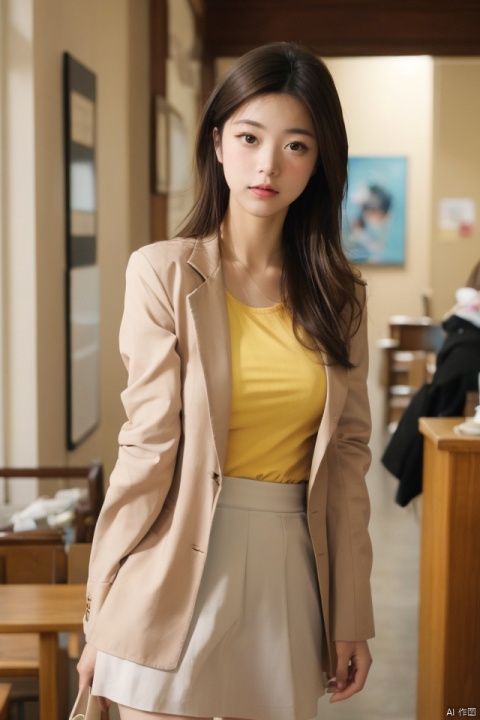 best quality, masterpiece, ultra high res,1girl, big breast, looking at viewer,pure color background,1girl, solo, looking at viewer, skirt, brown hair, shirt, brown eyes, standing, jacket, indoors, medium hair, blurry, lips, blurry background, formal, yellow shirt, handbag, realistic, takei film