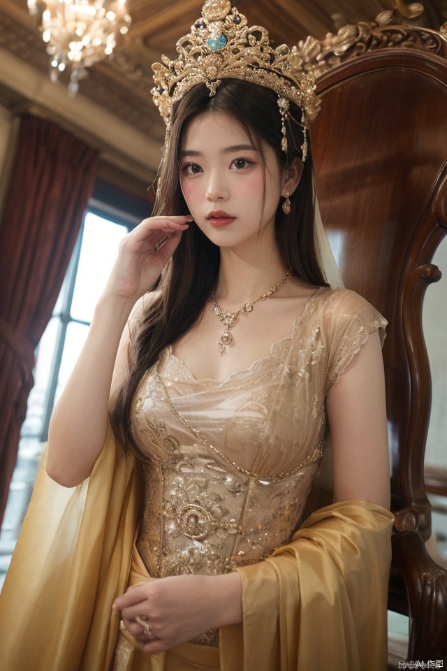 masterpiece, best quality, ultra high res, a slender, seductive Eastern beauty adorned in imperial phoenix crown and rosy clouds wedding attire, accentuating her ample bosom; poised elegantly on a red carpet leading to an ornate palace throne room, with golden dragon motifs, intricate carvings, and rich tapestries adorning the walls; evoking a regal ambiance filled with allure, captured through a dramatic low-angle shot that highlights her majestic presence, skillfully framing her against the opulent backdrop while applying soft focus techniques to emphasize the luxurious textures and detail of her attire, lit with warm tones to enhance the overall sense of grandeur and mystique., takei film