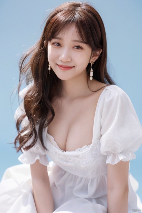 
best quality,masterpiece,ultra high res,looking at viewer,simple background,portrait (object), 
1girl, solo, long hair, looking at viewer, smile, brown hair, dress, brown eyes, jewelry, short sleeves, hairband, earrings, puffy sleeves, white dress, blue background