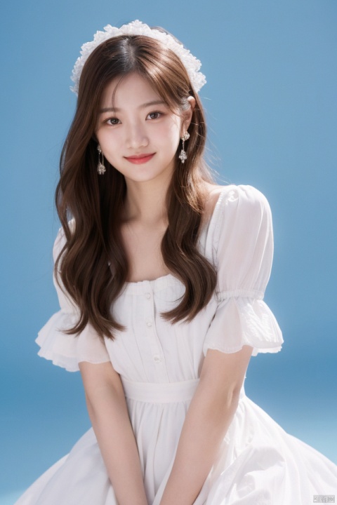 
best quality,masterpiece,ultra high res,looking at viewer,simple background,portrait (object), 
1girl, solo, long hair, looking at viewer, smile, brown hair, dress, brown eyes, jewelry, short sleeves, hairband, earrings, puffy sleeves, white dress, blue background