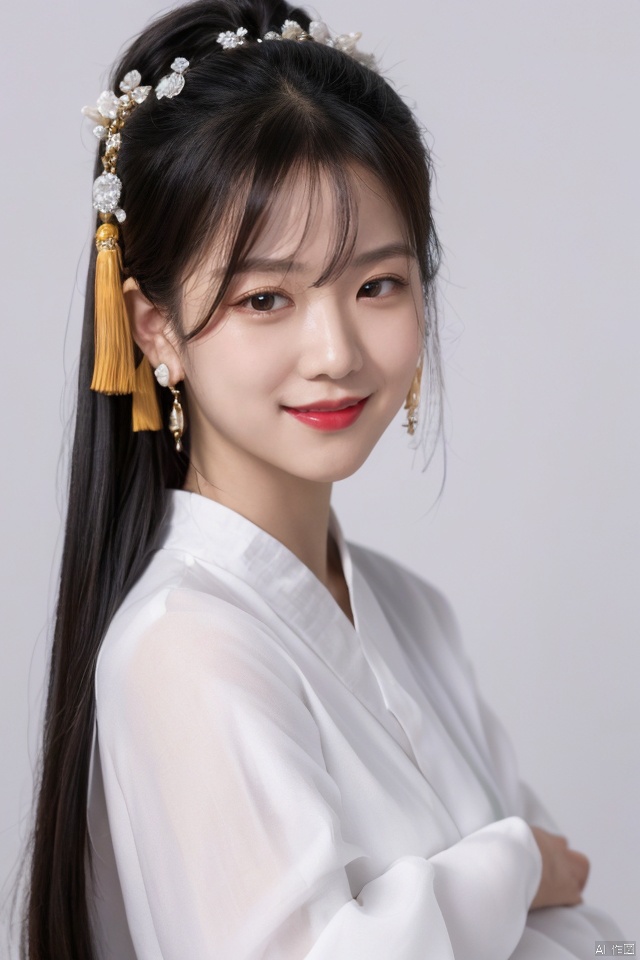  1girl, solo, long hair, looking at viewer, smile, simple background, black hair, hair ornament, white background, jewelry, closed mouth, upper body, earrings, makeup, chinese clothes, red lips, tassel earrings, hanfu, realistic