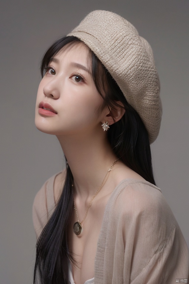
best quality,masterpiece,ultra high res,looking at viewer,simple background,portrait (object), 
1girl, solo, long hair, looking at viewer, black hair, hat, brown eyes, jewelry, upper body, earrings, grey background, necklace, lips, head tilt, realistic