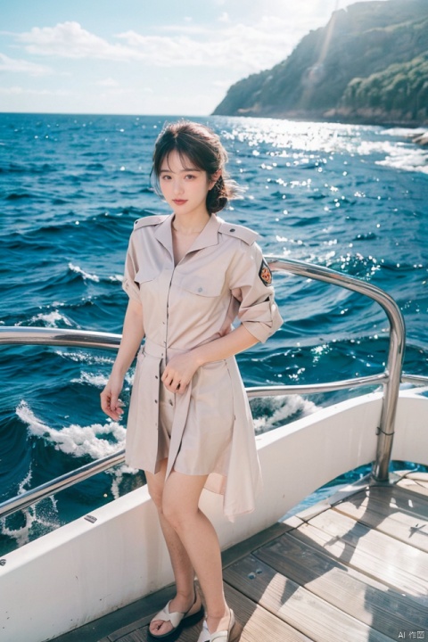 best quality,masterpiece,ultra high res,looking at viewer,simple background,studio light,makeup portrait,pink eyeshadow,
the half-updo beauty,wearing a naval uniform,standing on the deck of a warship with the sea breeze blowing through her hair,
the sun is shining brightly,reflecting off the waves and creating a sparkling sea around the ship, 
, caiqian, 