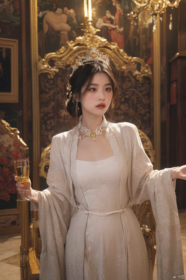 masterpiece, best quality, ultra high res, a slender, seductive Eastern beauty adorned in imperial phoenix crown and rosy clouds wedding attire, accentuating her ample bosom; poised elegantly on a red carpet leading to an ornate palace throne room, with golden dragon motifs, intricate carvings, and rich tapestries adorning the walls; evoking a regal ambiance filled with allure, captured through a dramatic low-angle shot that highlights her majestic presence, skillfully framing her against the opulent backdrop while applying soft focus techniques to emphasize the luxurious textures and detail of her attire, lit with warm tones to enhance the overall sense of grandeur and mystique.