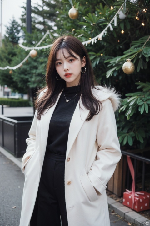 best quality, masterpiece, ultra high res,1girl, big breast,, looking at viewer,pure color background。
1girl, solo, long hair, looking at viewer, brown hair, black hair, hair ornament, jewelry, earrings, outdoors, hairclip, hood, necklace, lips, coat, fur trim, christmas, hand in pocket, white coat, christmas tree. film1, film1