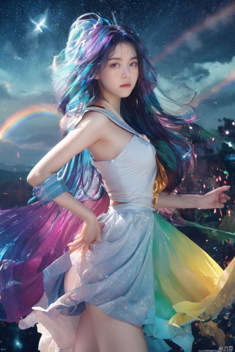 ((extremely detailed CG)),((8k_wallpaper)),(((masterpiece))),((best quality)),watercolor_(medium),((beautiful detailed starry sky)),cinmatic lighting,loli,princess,very long rainbow hair,side view,looking at viewer,full body,frills,(far from viewer),((extremely detailed face)),((an extremely delicate and beautiful girl)),((extremely detailed cute anime face)),((extremely detailed eyes)),(((extremely detailed body))),(ultra detailed),illustration,((bare stomach)),((bare shoulder)),small breast,((sideboob)),((((floating and rainbow hair)))),(((Iridescence and rainbow hair))),(((extremely detailed sailor dress))),((((Iridescence and rainbow dress)))),(Iridescence and rainbow eyes),beautiful detailed hair,beautiful detailed dress,dramatic angle,expressionless,(big top sleeves),frills,blush,(ahoge)