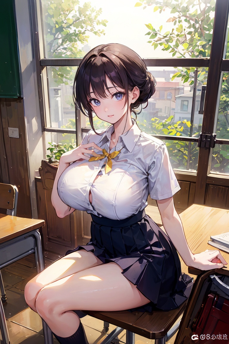 best quality, masterpiece, ultra high res,1girl, big breast, looking at viewer,pure color background,
half updo, sexy high school uniform, sitting in a classroom, sunlight illuminating the scene, calm and peaceful atmosphere, professional camera angles and composition