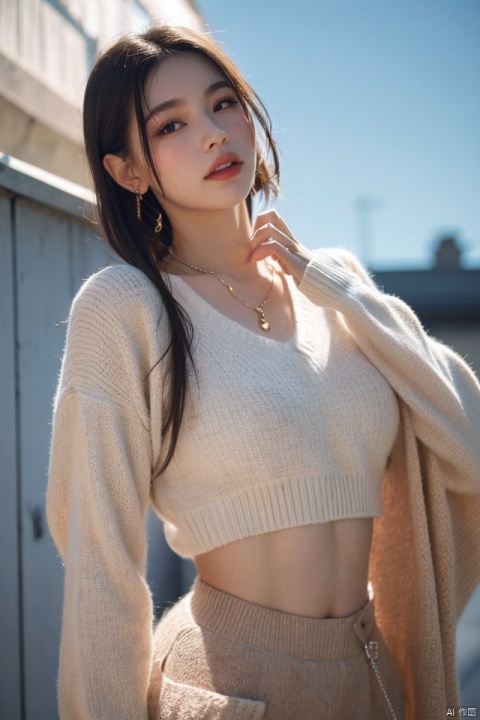 best quality, masterpiece, ultra high res,1girl, big breast, looking at viewer,pure color background,
1girl, solo, looking at viewer, short hair, black hair, jewelry, upper body, earrings, outdoors, sky, day, necklace, black eyes, sweater, blue sky, lips, cross, messy hair, realistic.yosshi film 