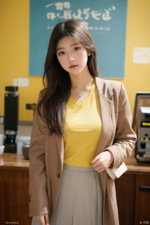 best quality, masterpiece, ultra high res,1girl, big breast, looking at viewer,pure color background,1girl, solo, looking at viewer, skirt, brown hair, shirt, brown eyes, standing, jacket, indoors, medium hair, blurry, lips, blurry background, formal, yellow shirt, handbag, realistic, takei film