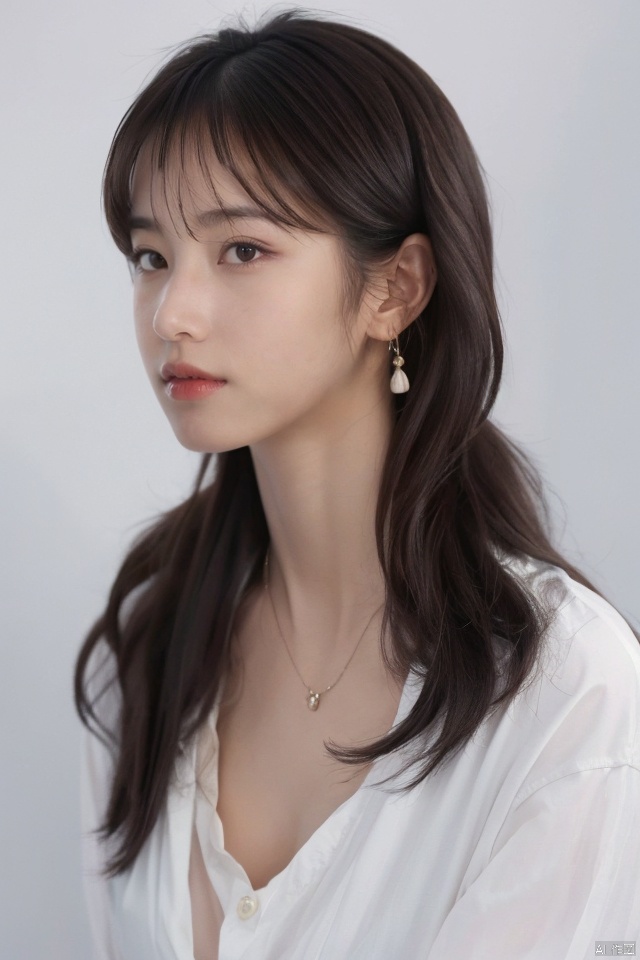 
best quality,masterpiece,ultra high res,looking at viewer,simple background,portrait (object), gigantic_breasts,
1girl, solo, long hair, simple background, shirt, black hair, brown eyes, jewelry, white shirt, upper body, earrings, parted lips, necklace, lips, looking to the side, portrait, realistic