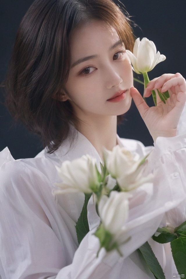 best quality, masterpiece, ultra high res,1girl, big breast, looking at viewer,pure color background,1girl, solo, looking at viewer, short hair, shirt, black hair, long sleeves, closed mouth, white shirt, upper body, flower, black eyes, lips, white flower, realistic