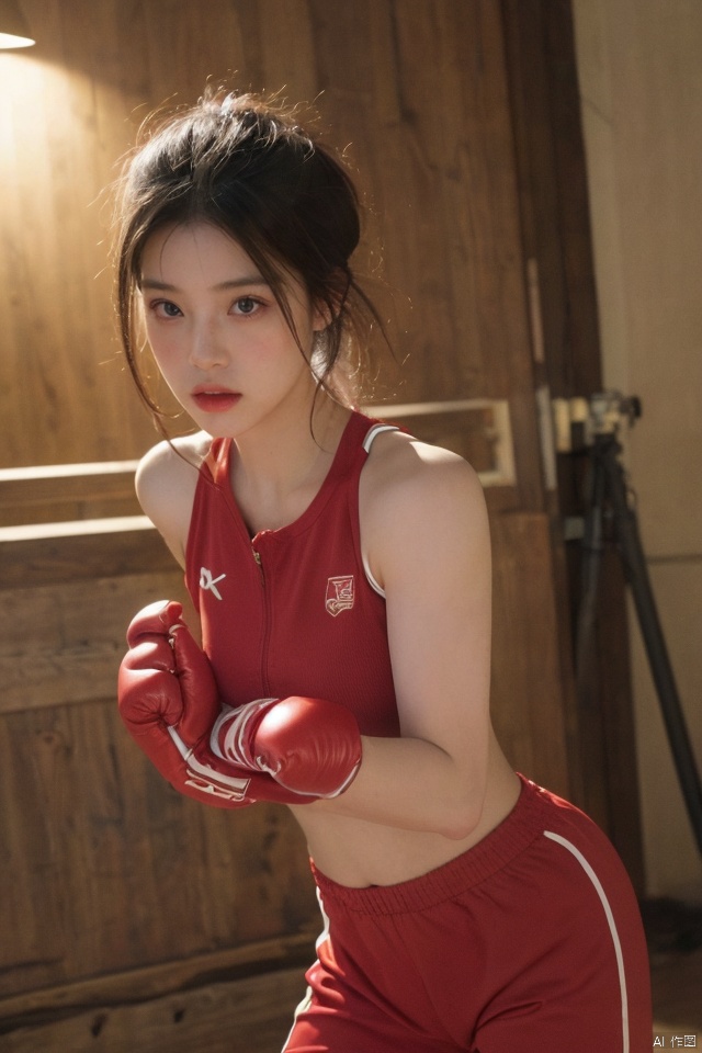 (original) , (very detailed wallpaper) , (best quality) , (masterpiece) , photographic reality, realistic, very detailed illustrations, (1 girl) , beautiful eyes, (delicate face) , perfect detail, (best lighting) , (super complex details) , 
, red track suit,fist fight, padded gloves, boxing headgear, muscular female, spoken flying sweatdrops, sportswear, 
4K unified, (super detailed CG: 1.2) , (8K: 1.2) , realistic, octane rendering