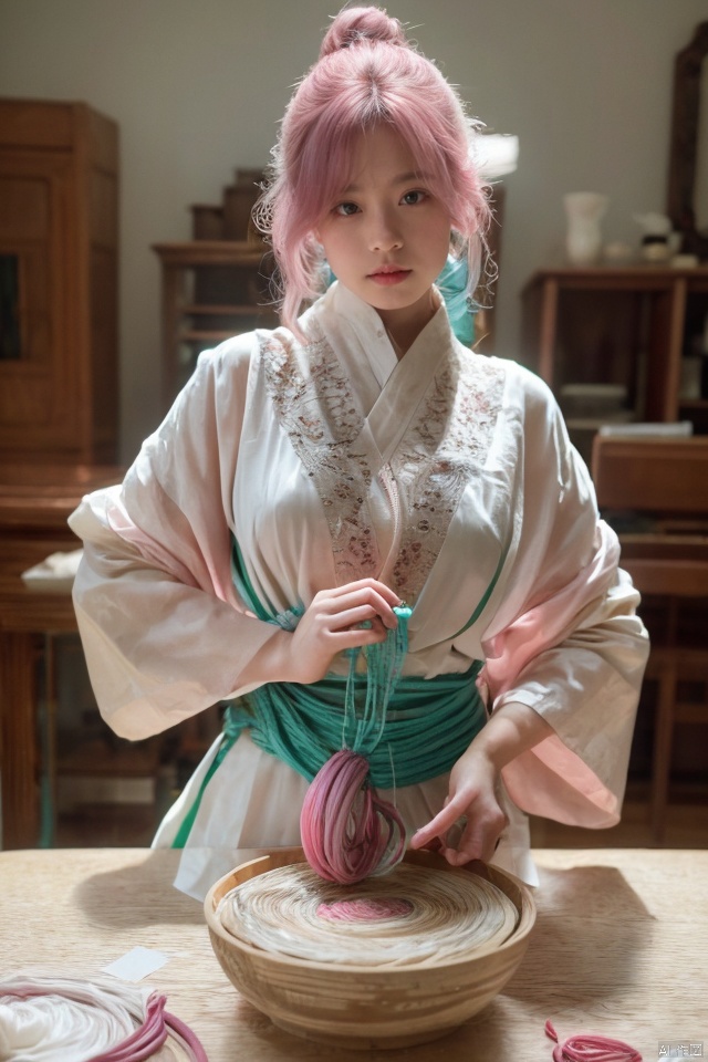 best quality, masterpiece, ultra high res,1girl, big breast, looking at viewer,paper quilling art of Rugged (Sibling:1.3) , wearing Alabaster, has Silk and Turquoise Embroidery plating, Standing, Pink hair, Voluminous hair, intricate, delicate, curling, rolling, shaping, coiling, loops, 3D, dimensional, ornamental, yosshi film
