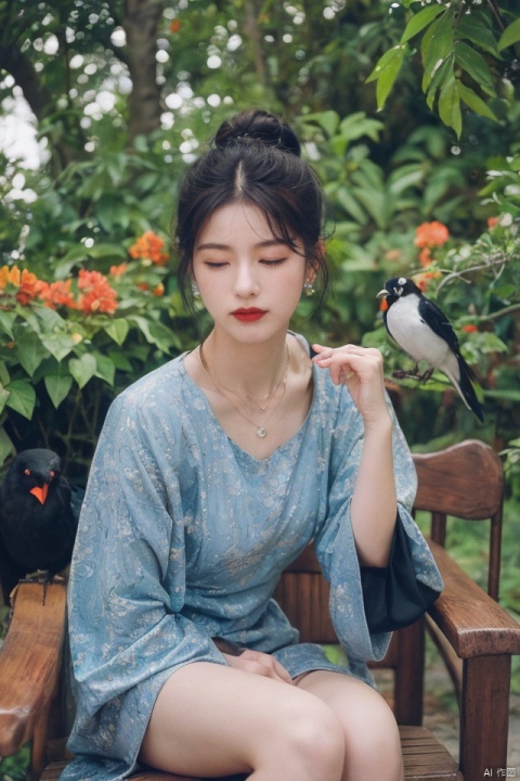 masterpiece, best quality, 1girl, solo, black hair, hair ornament, long sleeves, dress, jewelry, sitting, closed mouth, closed eyes, earrings, wide sleeves, necklace, hair bun, makeup, bird, facial mark, chinese clothes, single hair bun, branch, red lips, crow, updo, bird on hand,