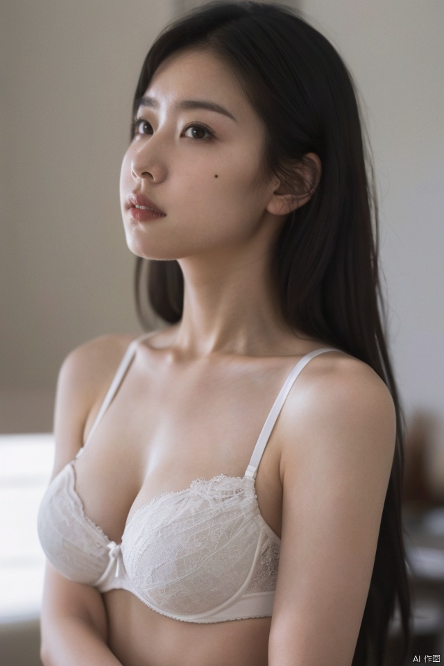  best quality,masterpiece,ultra high res,looking at viewer,simple background,portrait (object),
1girl, solo, long hair, breasts, large breasts, shirt, black hair, cleavage, bare shoulders, medium breasts, underwear, white shirt, upper body, parted lips, indoors, bra, mole, black eyes, lips, looking to the side, looking away, sunlight, **********, white bra, realistic, nose