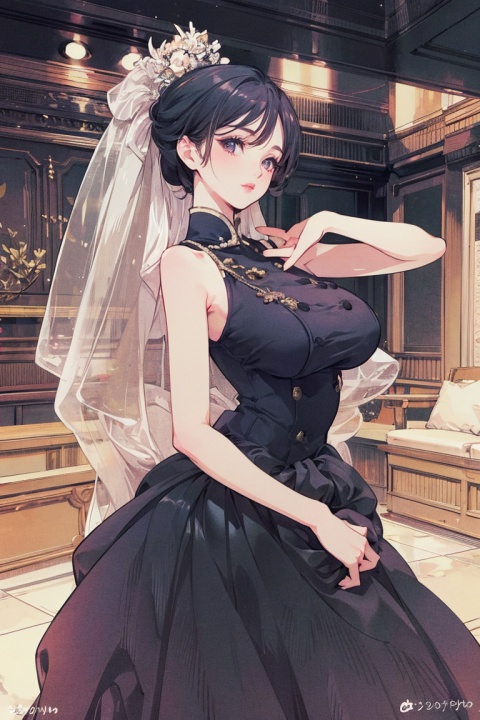 best quality, masterpiece, ultra high res,1girl, big breast, looking at viewer,pure color background,a beautiful woman in a black dress,military uniform,detailed description of the outfit,including the texture and design of the dress,a formal and elegant setting,such as a ballroom or a military ceremony,the atmosphere is prestigious and respectful,the lighting is soft and warm,a professional photographer’s lens,Composition language, YHM style, 