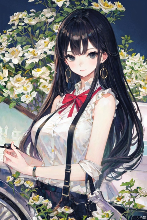 best quality, masterpiece, ultra high res,1girl, big breast,, looking at viewer,pure color background。
1girl, solo, long hair, looking at viewer, smile, shirt, black hair, holding, jewelry, white shirt, upper body, flower, earrings, sleeveless, collared shirt, black eyes, leaf, white flower, ground vehicle, motor vehicle, holding flower, car,yeqiche style