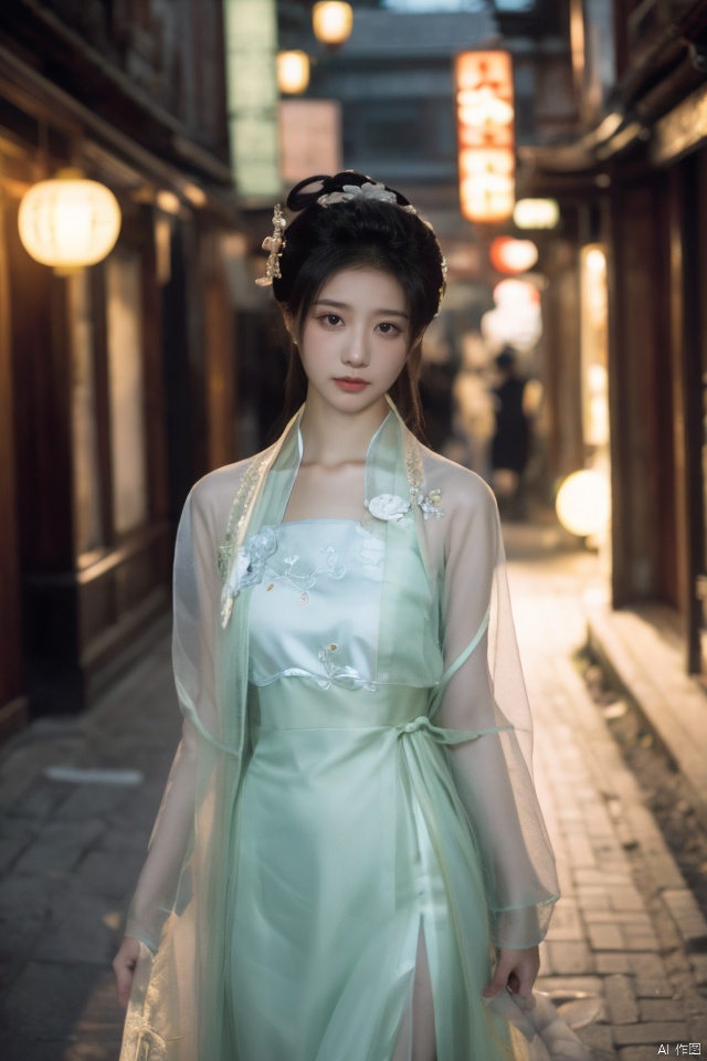 
best quality,masterpiece,ultra high res,looking at viewer,simple background,portrait (object), masterpiece, best quality, ultra high res, a poised beauty in a traditional qipao dress, exquisitely embroidered with dragons, gracing a vintage Shanghai alley, illuminated by the soft glow of lanterns casting long shadows, evoking a nostalgic, mysterious mood, shot with a telephoto lens for intimate portraiture, isolating her amidst the ambient hustle, capturing the essence of timelessness.