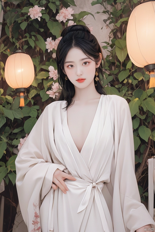 masterpiece, best quality, ultra high res, a slender and alluring Eastern beauty with ample cleavage, standing confidently in traditional silk attire, intricate embroidery details on the fabric catching the soft ambient light; set against a backdrop of an ancient Chinese garden at dusk, cherry blossom trees in bloom, lanterns softly illuminating the serene environment; exuding grace and sensuality, captured with a masterful composition using depth of field to emphasize her figure while maintaining the delicate balance of the scene, utilizing warm golden hour lighting to enhance the overall visual allure.