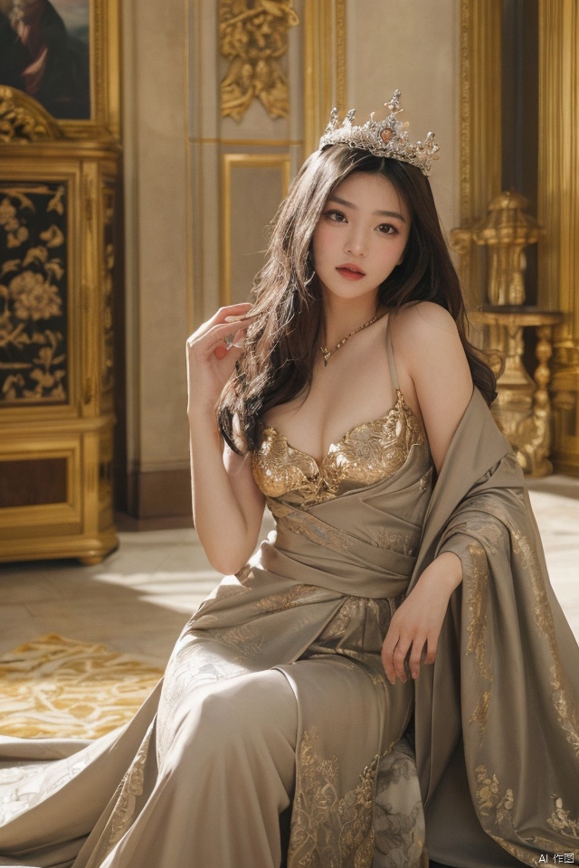 masterpiece, best quality, ultra high res, a slender, seductive Eastern beauty adorned in imperial phoenix crown and rosy clouds wedding attire, accentuating her ample bosom; poised elegantly on a red carpet leading to an ornate palace throne room, with golden dragon motifs, intricate carvings, and rich tapestries adorning the walls; evoking a regal ambiance filled with allure, captured through a dramatic low-angle shot that highlights her majestic presence, skillfully framing her against the opulent backdrop while applying soft focus techniques to emphasize the luxurious textures and detail of her attire, lit with warm tones to enhance the overall sense of grandeur and mystique., takei film