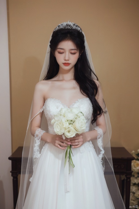 best quality, masterpiece, ultra high res,1girl, big breast,, looking at viewer,pure color background。
1girl, solo, long hair, black hair, dress, holding, bare shoulders, jewelry, closed eyes, flower, white dress, watermark, chair, tiara, veil, bouquet, wedding dress, bridal veil, bride, film1