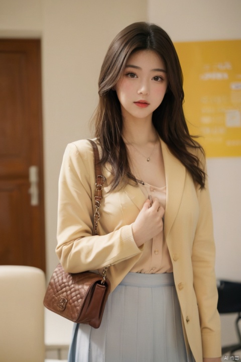 best quality, masterpiece, ultra high res,1girl, big breast, looking at viewer,pure color background,1girl, solo, looking at viewer, skirt, brown hair, shirt, brown eyes, standing, jacket, indoors, medium hair, blurry, lips, blurry background, formal, yellow shirt, handbag, realistic, takei film