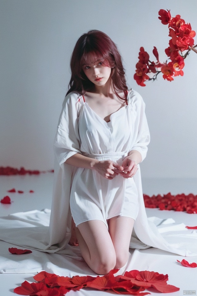 1girl, red eyes, white long translucent night gown, expressionless, (white hair), hair cover one eye, long hair, red hair flower, kneeling on lake, blood, (plenty of red petals:1.35), (white background:1.5), (English text).
