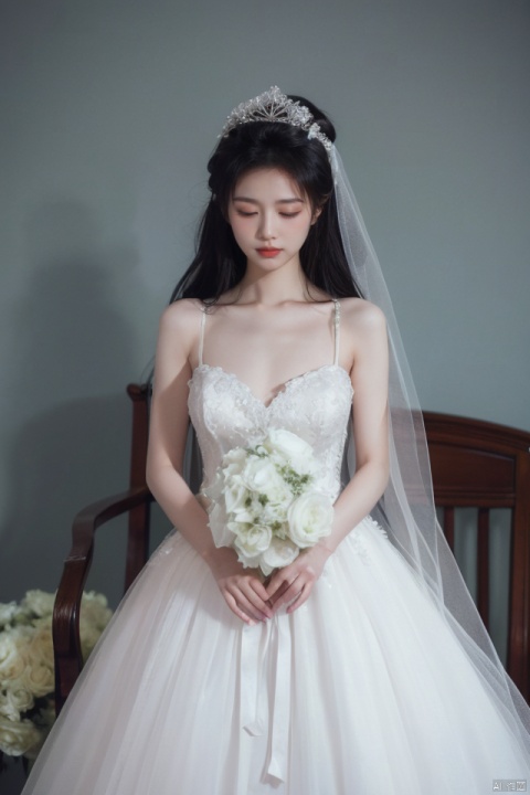 best quality, masterpiece, ultra high res,1girl, big breast,, looking at viewer,pure color background。
1girl, solo, long hair, black hair, dress, holding, bare shoulders, jewelry, closed eyes, flower, white dress, watermark, chair, tiara, veil, bouquet, wedding dress, bridal veil, bride, film1
