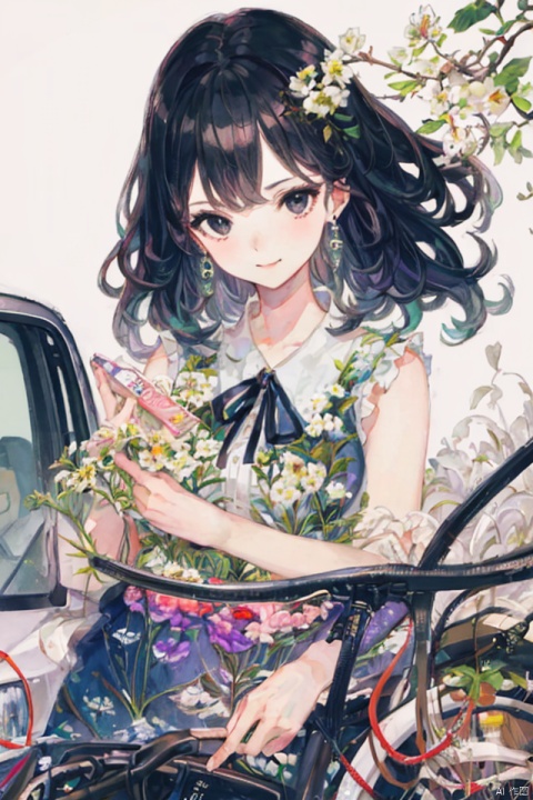 best quality, masterpiece, ultra high res,1girl, big breast,, looking at viewer,pure color background。
1girl, solo, long hair, looking at viewer, smile, shirt, black hair, holding, jewelry, white shirt, upper body, flower, earrings, sleeveless, collared shirt, black eyes, leaf, white flower, ground vehicle, motor vehicle, holding flower, car,yeqiche style