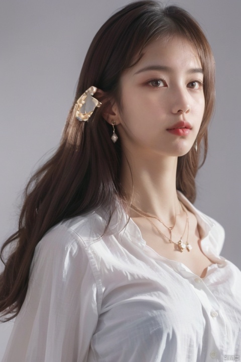 
best quality,masterpiece,ultra high res,looking at viewer,simple background,portrait (object), gigantic_breasts,
1girl, solo, long hair, simple background, shirt, black hair, brown eyes, jewelry, white shirt, upper body, earrings, parted lips, necklace, lips, looking to the side, portrait, realistic
