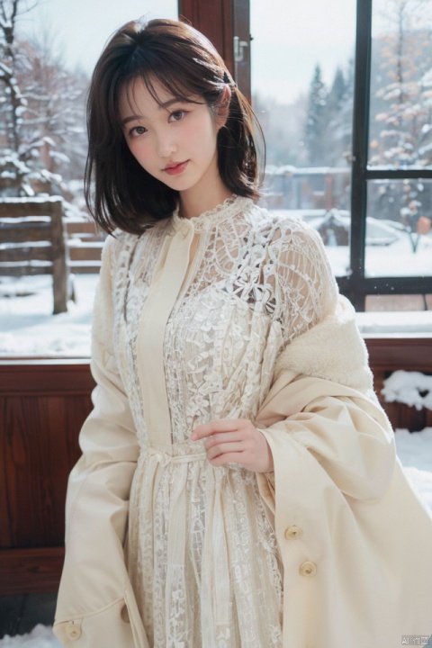 masterpiece, best quality, ultra high res, a beautiful woman in a lace dress in the winter snow, detailed description of the woman and dress, snow-covered environment, romantic and dreamy atmosphere, takei film