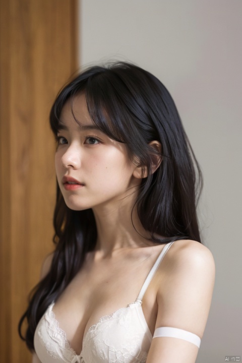  best quality,masterpiece,ultra high res,looking at viewer,simple background,portrait (object),
1girl, solo, long hair, breasts, large breasts, shirt, black hair, cleavage, bare shoulders, medium breasts, underwear, white shirt, upper body, parted lips, indoors, bra, mole, black eyes, lips, looking to the side, looking away, sunlight, undressing, white bra, realistic, nose