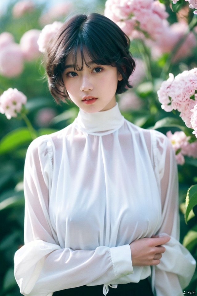 best quality, masterpiece, ultra high res,1girl, big breast, looking at viewer,pure color background,1girl, solo, looking at viewer, short hair, shirt, black hair, long sleeves, closed mouth, white shirt, upper body, flower, black eyes, lips, white flower, realistic