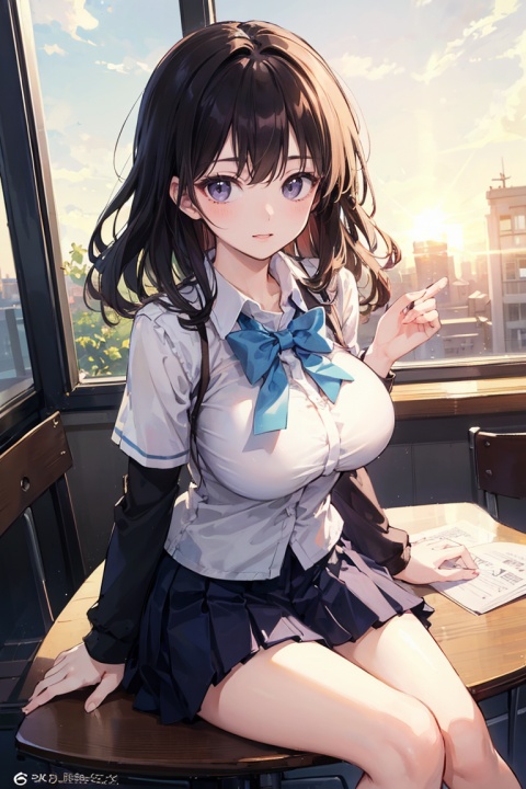 best quality, masterpiece, ultra high res,1girl, big breast, looking at viewer,pure color background,
half updo, sexy high school uniform, sitting in a classroom, sunlight illuminating the scene, calm and peaceful atmosphere, professional camera angles and composition
