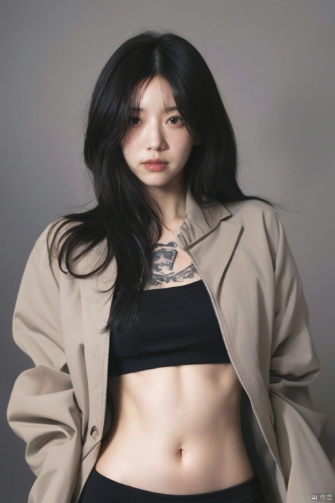  best quality,masterpiece,ultra high res,looking at viewer,simple background,portrait (object),
1girl, solo, long hair, black hair, navel, jacket, midriff, hair over one eye, crop top, tattoo