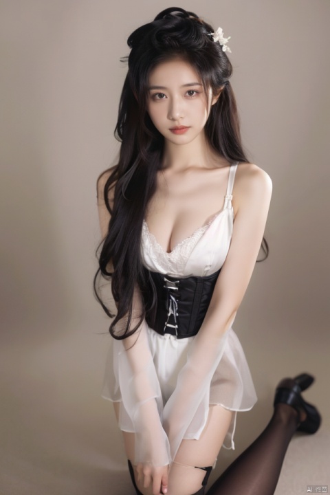  best quality,masterpiece,ultra high res,looking at viewer,simple background,portrait (object),
1girl, solo, long hair, breasts, looking at viewer, black hair, thighhighs, cleavage, bare shoulders, brown eyes, kneeling, pale skin, corset