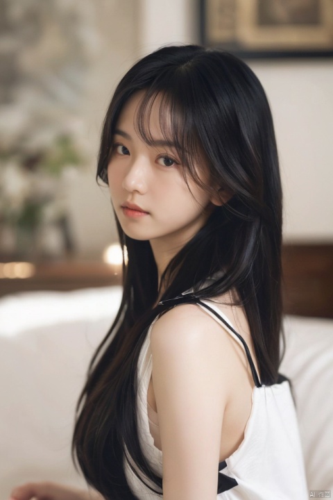  best quality,masterpiece,ultra high res,looking at viewer,simple background,portrait (object),
1girl, solo, long hair, looking at viewer, bangs, black hair, upper body, blurry, black eyes, lips, pajamas, realistic