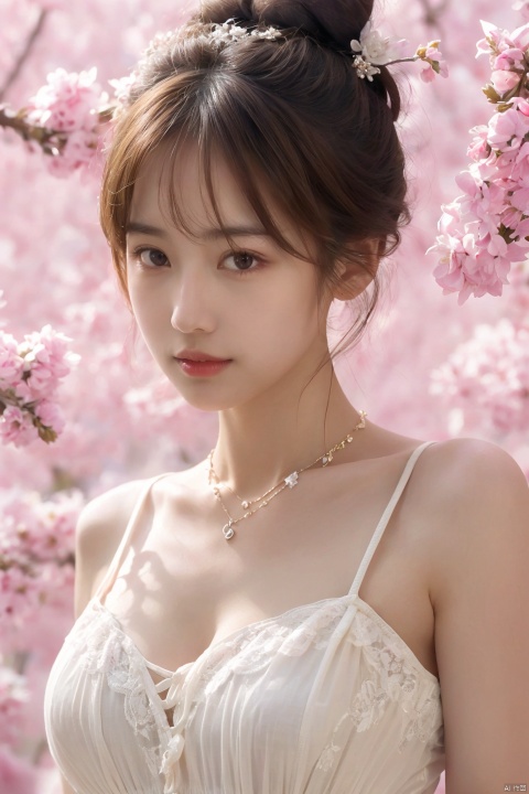 
best quality,masterpiece,ultra high res,looking at viewer,simple background,portrait (object), 1girl, solo, breasts, brown hair, hair ornament, dress, cleavage, brown eyes, jewelry, flower, hair flower, necklace, lips, single hair bun
