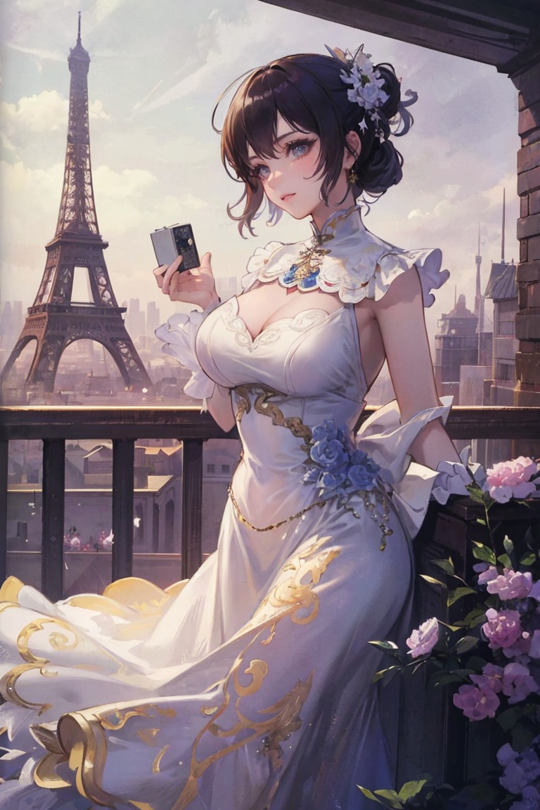 best quality, masterpiece, ultra high res,1girl, big breast, looking at viewer,pure color background, A masterpiece of a beautiful woman wearing a transparent dress captured in the best quality and ultra-high resolution, set against the backdrop of Paris. The dress elegantly reveals her silhouette, with intricate embroidery and delicate fabric. She stands in front of the iconic Eiffel Tower, surrounded by the charm of Parisian architecture and romantic ambiance. The scene emanates sophistication and allure, immersing viewers in the romantic atmosphere of the city. The camera lens skillfully frames her, utilizing unique angles and composition to capture the essence of beauty and the allure of Paris.yosshi film, , sanguowushuang style