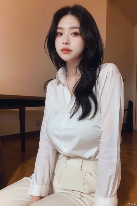 
best quality,masterpiece,ultra high res,looking at viewer,simple background,portrait (object), gigantic_breasts,
1girl, solo, long hair, looking at viewer, shirt, black hair, long sleeves, sitting, white shirt, pants, indoors, bag, black eyes, lips, shadow, head rest, realistic, brown pants