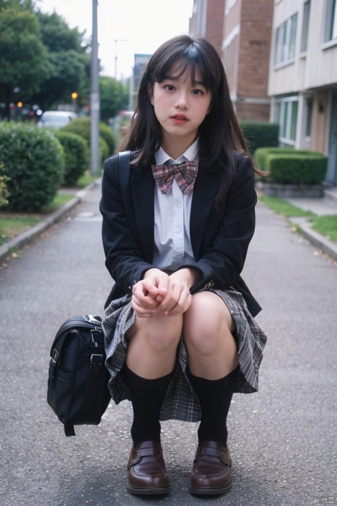 original,1girl,solo,black hair,skirt,squatting,shy blush,lipstick,wearing 50d black velvet pantyhose,pantyhose,bag,community roadside,shoes,grey skirt,loafers,looking at viewer,brown eyes,school uniform,backpack,jacket,bangs,long hair,plaid,full body,brown footwear,plaid skirt,long sleeves,pleated skirt,blazer,bowtie,closed mouth,miniskirt,,,,