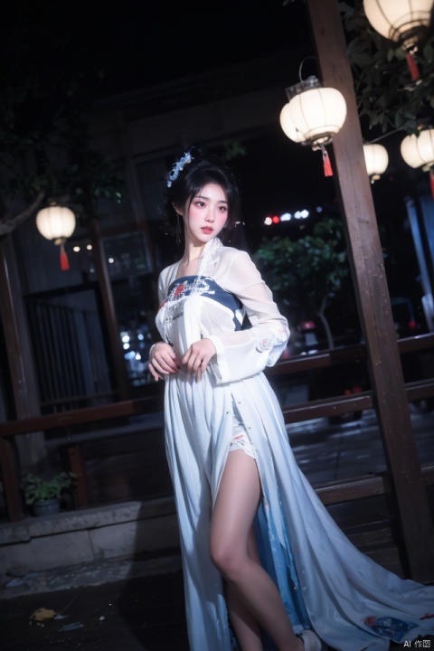 masterpiece, best quality, ultra high res; busty, seductive beauty in black stockings and alluring traditional Chinese qipao, intricate embroidery, figure-hugging design; ancient courtyard garden setting, lanterns hanging, moonlit night, serene oriental atmosphere; capturing a fusion of modern allure and historical elegance; employing low-angle shot, emphasizing curves, dramatic contrast with soft backlighting, composition inspired by classical Chinese painting aesthetics.