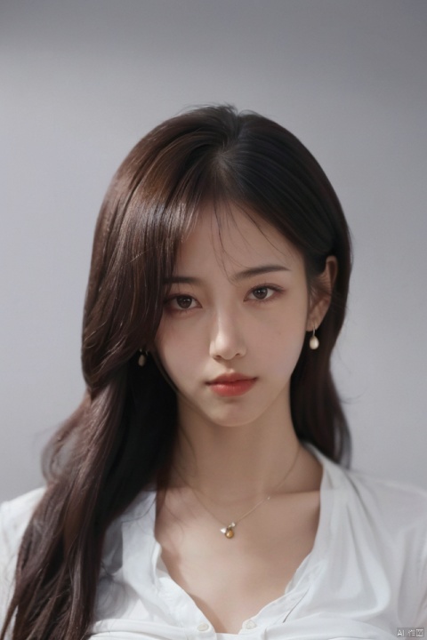 
best quality,masterpiece,ultra high res,looking at viewer,simple background,portrait (object), gigantic_breasts,
1girl, solo, long hair, simple background, shirt, black hair, brown eyes, jewelry, white shirt, upper body, earrings, parted lips, necklace, lips, looking to the side, portrait, realistic