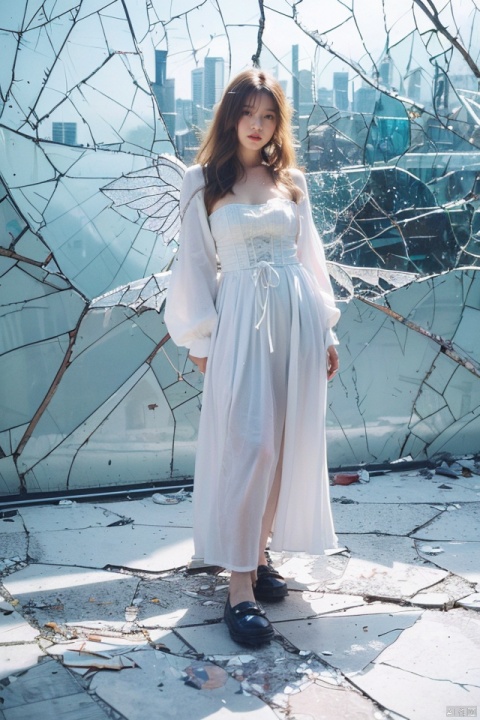 cowboy shot, white border, (cracked glass wall background<modern cityscape>:1.4), (broken refraction of cityscape:1.25), 1girl, blonde hair, long hair, cold expression, white long dress, black corset, long sleeves, wazari on floor, looking at viewer, colorful crystal piece, broken glass piece, colorful reflection, fragmentation, (broken glass wings:1.25).