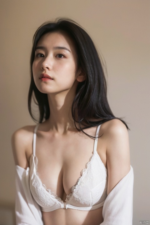  best quality,masterpiece,ultra high res,looking at viewer,simple background,portrait (object),
1girl, solo, long hair, breasts, large breasts, shirt, black hair, cleavage, bare shoulders, medium breasts, underwear, white shirt, upper body, parted lips, indoors, bra, mole, black eyes, lips, looking to the side, looking away, sunlight, undressing, white bra, realistic, nose