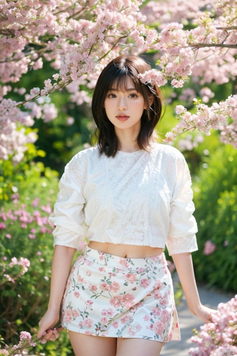 masterpiece, best quality, ultra high res, a busty beauty dressed in a chic black mini skirt standing under a blooming cherry blossom tree, her curves accentuated by the tight-fitting attire, skirt adorned with delicate floral patterns, petals gently falling around her, set amidst a serene spring garden at sunset, atmosphere imbued with tranquility and romance, captured using a shallow depth of field with the subject sharply focused against a softly blurred backdrop of pink blossoms, composition framed to emphasize the contrast between her sensual allure and the ephemeral beauty of nature.,