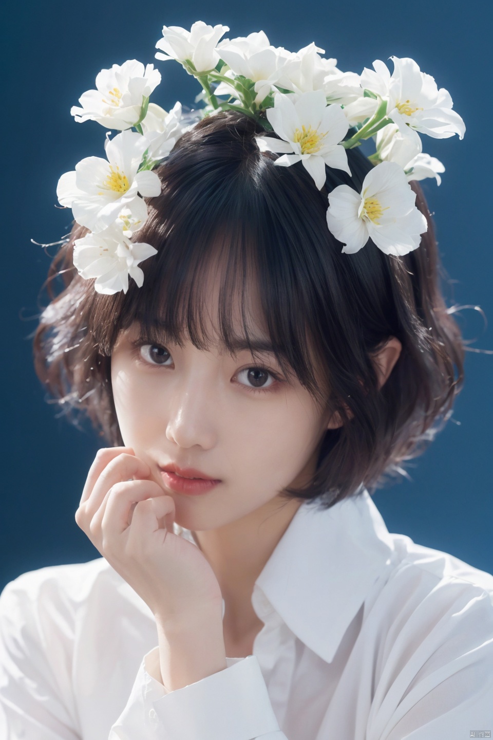  
best quality,masterpiece,ultra high res,looking at viewer,simple background,portrait (object), 1girl, solo, looking at viewer, short hair, shirt, black hair, long sleeves, closed mouth, white shirt, upper body, flower, black eyes, lips, blue background, realistic